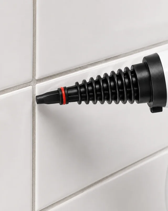 Le jet de vapeur dirigé le long d’un joint de carrelage
