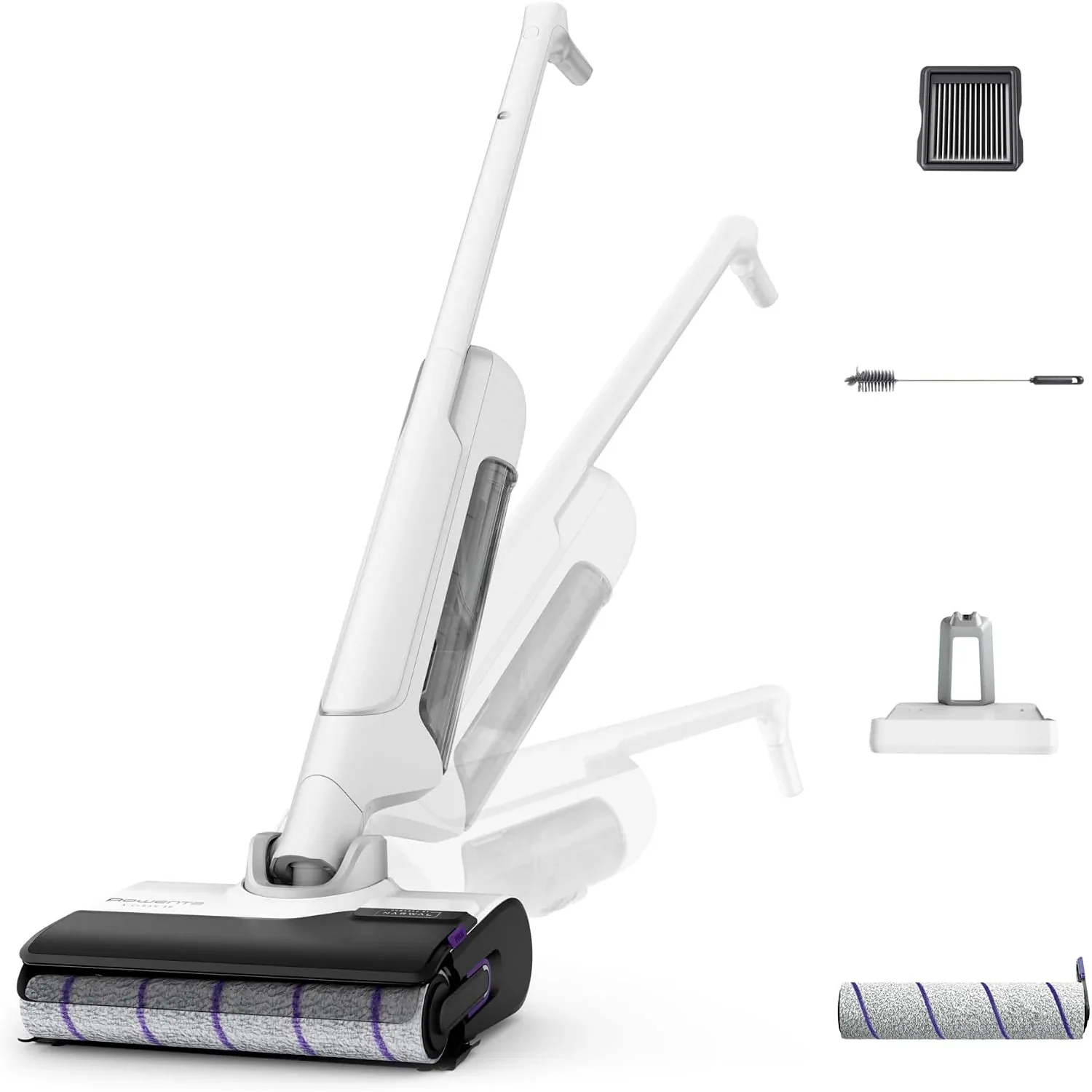 Contenu du colis : appareil, base de charge, chargeur, brosse de nettoyage, rouleau supplémentaire et filtre