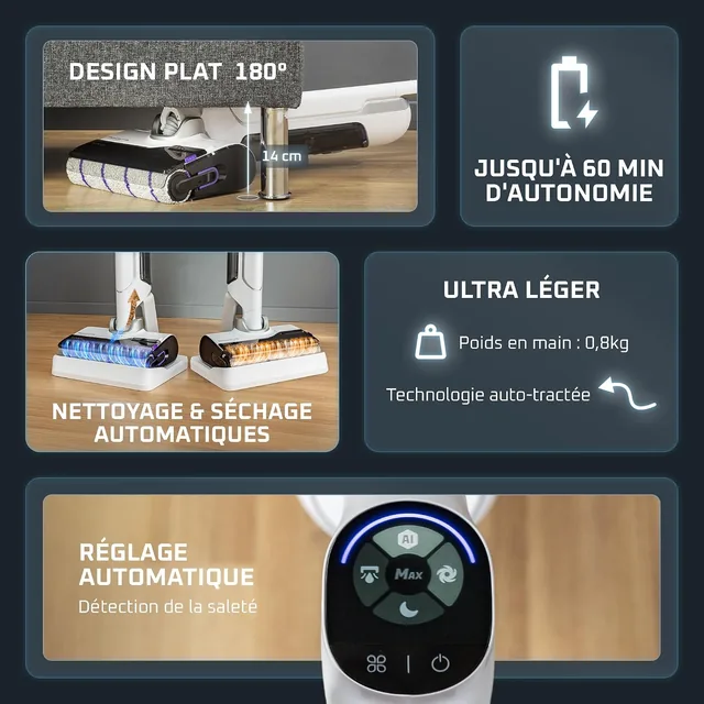 Fonctions du Rowenta X-Clean 10 : position à plat, autonomie, auto-nettoyage et réglage automatique