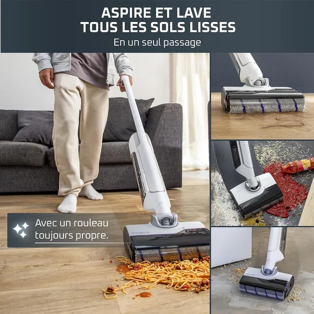 Rowenta X-Clean 10 aspirant et lavant différentes saletés sur sol dur